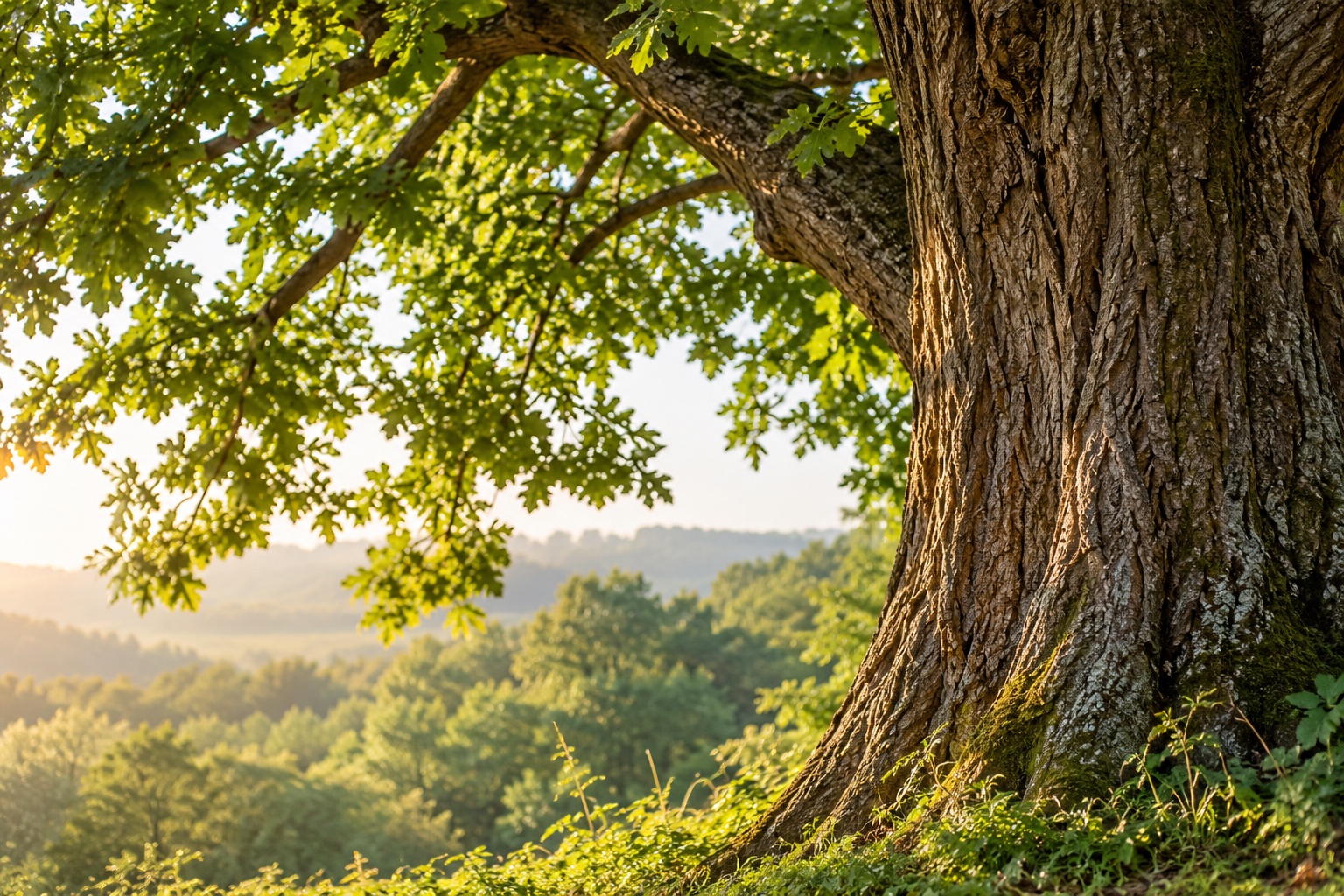 Illustrative sunlit canopy and textured mature tree trunk